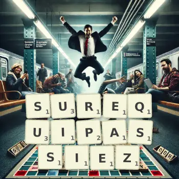 Illustration créative d'un jeu de lettres avec le mot SUREQUIPASSIEZ épelé sur le plateau.