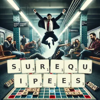 Illustration créative d'un jeu de lettres avec le mot SUREQUIPEES épelé sur le plateau.