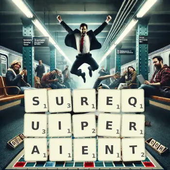 Illustration créative d'un jeu de lettres avec le mot SUREQUIPERAIENT épelé sur le plateau.