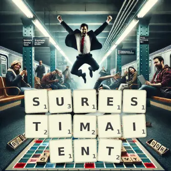 Illustration créative d'un jeu de lettres avec le mot SURESTIMAIENT épelé sur le plateau.