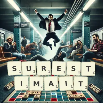Illustration créative d'un jeu de lettres avec le mot SURESTIMAIT épelé sur le plateau.