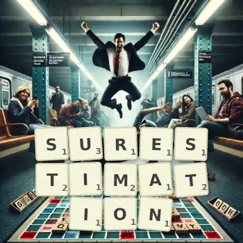 Illustration créative d'un jeu de lettres avec le mot SURESTIMATION épelé sur le plateau.