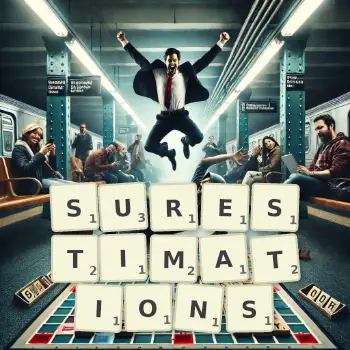 Illustration créative d'un jeu de lettres avec le mot SURESTIMATIONS épelé sur le plateau.