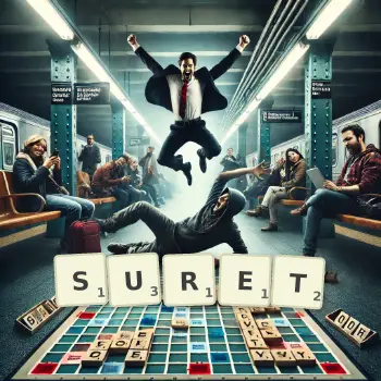 Illustration créative d'un jeu de lettres avec le mot SURET épelé sur le plateau.