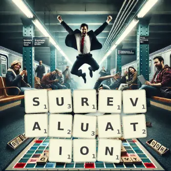 Illustration créative d'un jeu de lettres avec le mot SUREVALUATION épelé sur le plateau.