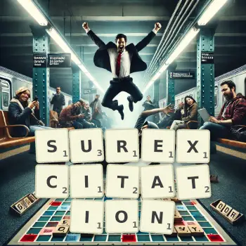 Illustration créative d'un jeu de lettres avec le mot SUREXCITATION épelé sur le plateau.