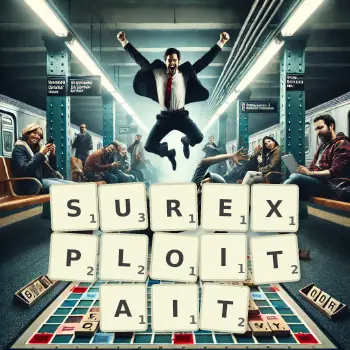 Illustration créative d'un jeu de lettres avec le mot SUREXPLOITAIT épelé sur le plateau.