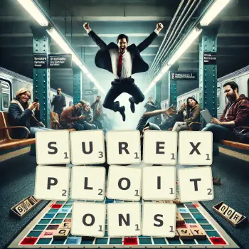 Illustration créative d'un jeu de lettres avec le mot SUREXPLOITONS épelé sur le plateau.