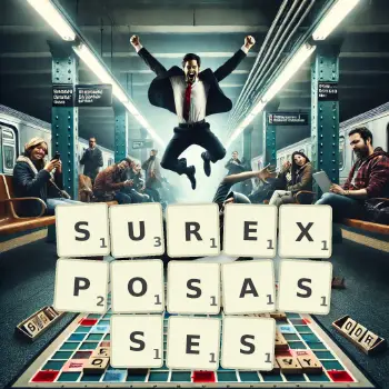 Illustration créative d'un jeu de lettres avec le mot SUREXPOSASSES épelé sur le plateau.