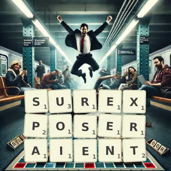 Illustration créative d'un jeu de lettres avec le mot SUREXPOSERAIENT épelé sur le plateau.