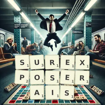 Illustration créative d'un jeu de lettres avec le mot SUREXPOSERAIS épelé sur le plateau.