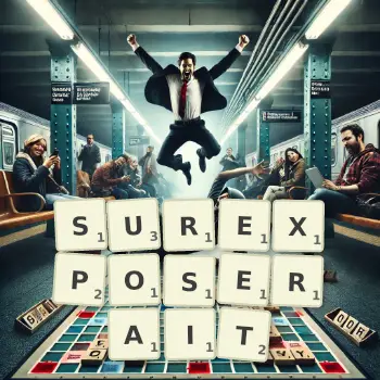 Illustration créative d'un jeu de lettres avec le mot SUREXPOSERAIT épelé sur le plateau.