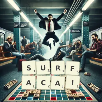 Illustration créative d'un jeu de lettres avec le mot SURFACAI épelé sur le plateau.