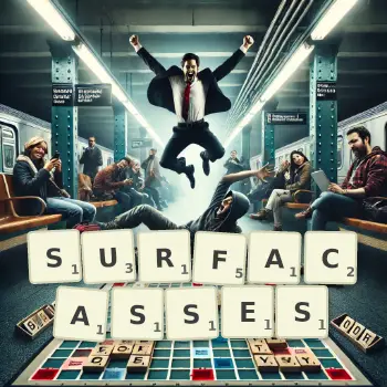 Illustration créative d'un jeu de lettres avec le mot SURFACASSES épelé sur le plateau.