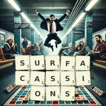 Illustration créative d'un jeu de lettres avec le mot SURFACASSIONS épelé sur le plateau.