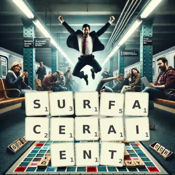 Illustration créative d'un jeu de lettres avec le mot SURFACERAIENT épelé sur le plateau.