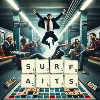 Illustration créative d'un jeu de lettres avec le mot SURFAITS épelé sur le plateau.