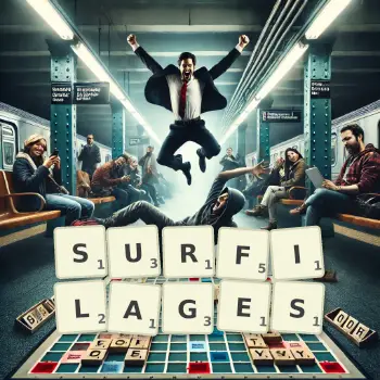 Illustration créative d'un jeu de lettres avec le mot SURFILAGES épelé sur le plateau.