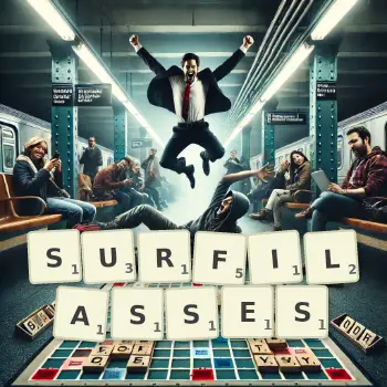 Illustration créative d'un jeu de lettres avec le mot SURFILASSES épelé sur le plateau.