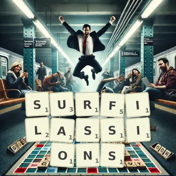 Illustration créative d'un jeu de lettres avec le mot SURFILASSIONS épelé sur le plateau.