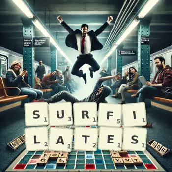 Illustration créative d'un jeu de lettres avec le mot SURFILATES épelé sur le plateau.