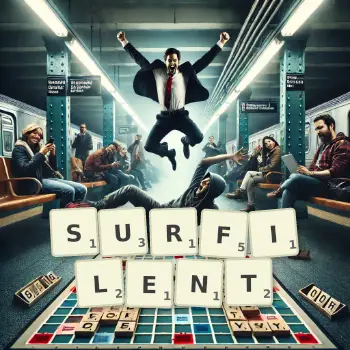 Illustration créative d'un jeu de lettres avec le mot SURFILENT épelé sur le plateau.