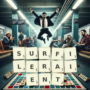 Illustration créative d'un jeu de lettres avec le mot SURFILERAIENT épelé sur le plateau.