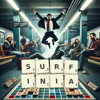 Illustration créative d'un jeu de lettres avec le mot SURFINIA épelé sur le plateau.