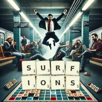 Illustration créative d'un jeu de lettres avec le mot SURFIONS épelé sur le plateau.