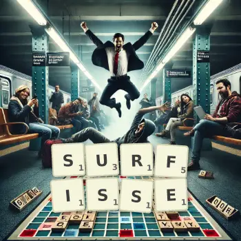 Illustration créative d'un jeu de lettres avec le mot SURFISSE épelé sur le plateau.