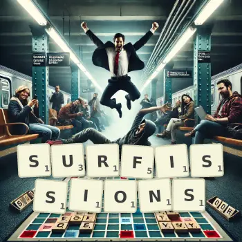 Illustration créative d'un jeu de lettres avec le mot SURFISSIONS épelé sur le plateau.