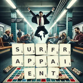 Illustration créative d'un jeu de lettres avec le mot SURFRAPPAIENT épelé sur le plateau.