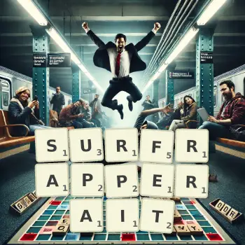 Illustration créative d'un jeu de lettres avec le mot SURFRAPPERAIT épelé sur le plateau.