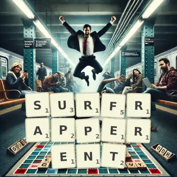 Illustration créative d'un jeu de lettres avec le mot SURFRAPPERENT épelé sur le plateau.