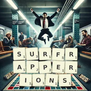Illustration créative d'un jeu de lettres avec le mot SURFRAPPERIONS épelé sur le plateau.
