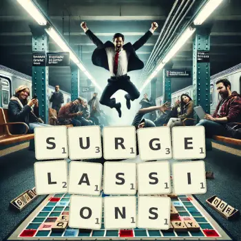 Illustration créative d'un jeu de lettres avec le mot SURGELASSIONS épelé sur le plateau.