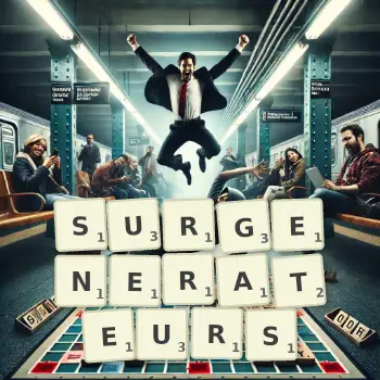 Illustration créative d'un jeu de lettres avec le mot SURGENERATEURS épelé sur le plateau.