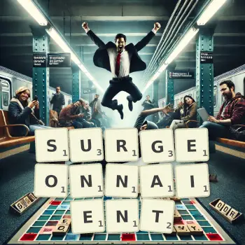 Illustration créative d'un jeu de lettres avec le mot SURGEONNAIENT épelé sur le plateau.