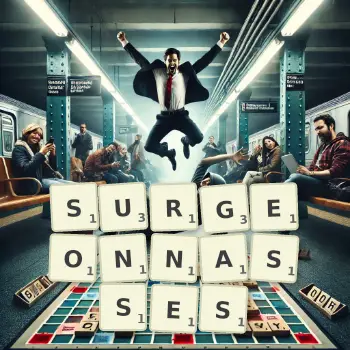 Illustration créative d'un jeu de lettres avec le mot SURGEONNASSES épelé sur le plateau.