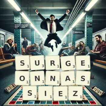 Illustration créative d'un jeu de lettres avec le mot SURGEONNASSIEZ épelé sur le plateau.