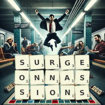 Illustration créative d'un jeu de lettres avec le mot SURGEONNASSIONS épelé sur le plateau.