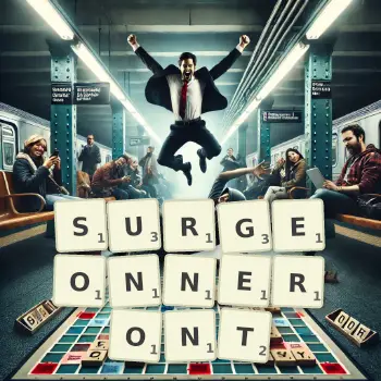 Illustration créative d'un jeu de lettres avec le mot SURGEONNERONT épelé sur le plateau.