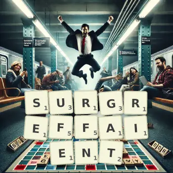 Illustration créative d'un jeu de lettres avec le mot SURGREFFAIENT épelé sur le plateau.