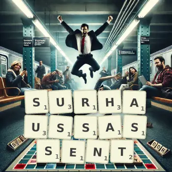 Illustration créative d'un jeu de lettres avec le mot SURHAUSSASSENT épelé sur le plateau.