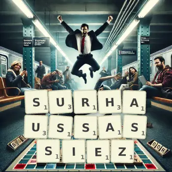 Illustration créative d'un jeu de lettres avec le mot SURHAUSSASSIEZ épelé sur le plateau.