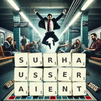 Illustration créative d'un jeu de lettres avec le mot SURHAUSSERAIENT épelé sur le plateau.