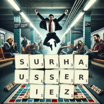 Illustration créative d'un jeu de lettres avec le mot SURHAUSSERIEZ épelé sur le plateau.