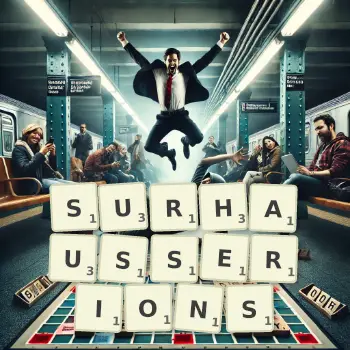 Illustration créative d'un jeu de lettres avec le mot SURHAUSSERIONS épelé sur le plateau.