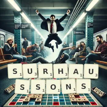 Illustration créative d'un jeu de lettres avec le mot SURHAUSSONS épelé sur le plateau.