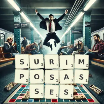 Illustration créative d'un jeu de lettres avec le mot SURIMPOSASSES épelé sur le plateau.